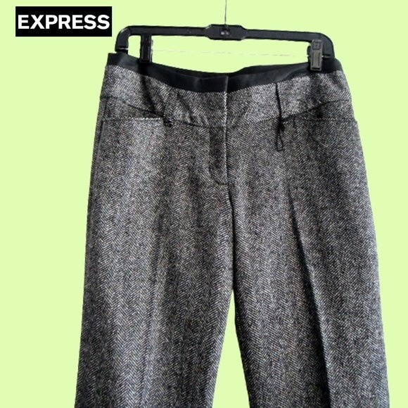 EXPRESS NEW Minimalist EDITOR Herringbone Faux Leather Trim Wide Leg Trouser 6 - Picture 2 of 12